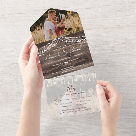 RSVPの素朴写真と木製ストリングラ結婚イト オールインワン招待状 (貼ってはがせる)