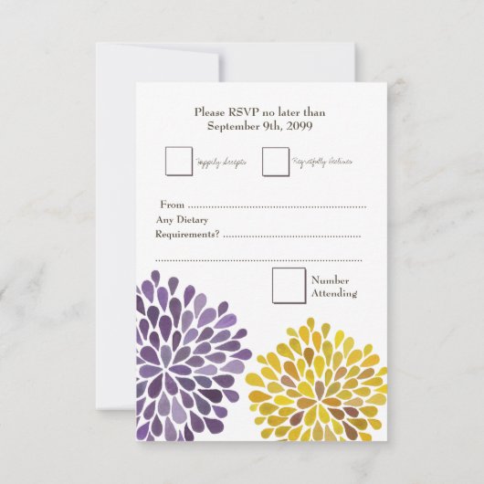 RSVPの紫色の黄色い花は結婚式の招待状活気付きます 出欠カード (裏面)