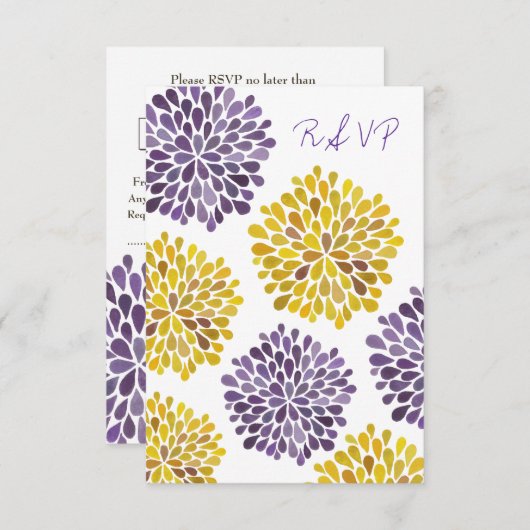RSVPの紫色の黄色い花は結婚式の招待状活気付きます 出欠カード (正面/裏面)