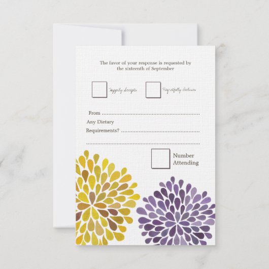 RSVPの紫色の黄色い花柄の開花の結婚式の招待状 出欠カード (裏面)