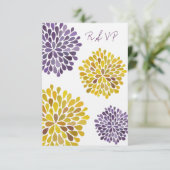 RSVPの紫色の黄色い花柄の開花の結婚式の招待状 出欠カード (スタンド正面)