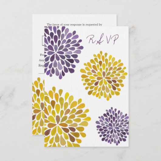 RSVPの紫色の黄色い花柄の開花の結婚式の招待状 出欠カード (正面/裏面)