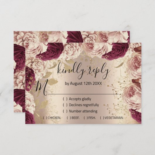RSVPの結婚グリッターブライダルバラ金ゴールドリースピンク 出欠カード (正面/裏面)