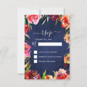 RSVPの結婚ネイビーブルーフローラエレガント水色 招待状 (正面)
