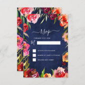 RSVPの結婚ネイビーブルーフローラエレガント水色 招待状 (正面/裏面)