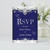 RSVPの結婚ブルー王室のシルバーダイヤモンドハート 招待状 (スタンド正面)