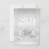 RSVPの結婚ホワイトシルバーパールレースダマスク 出欠カード (正面)