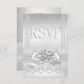 RSVPの結婚ホワイトシルバーパールレースダマスク 出欠カード (正面/裏面)