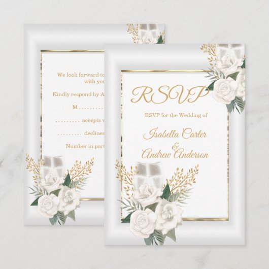 RSVPの結婚ホワイトローズフローラシャンパン金ゴールド 出欠カード (正面/裏面)