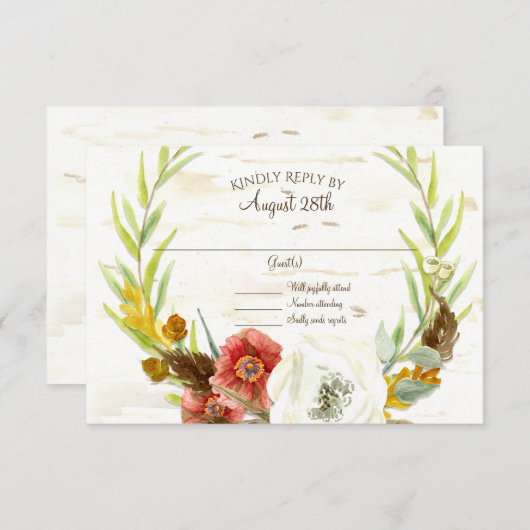 RSVPの結婚リースボホフェザー樺の木バーク葉 出欠カード (正面/裏面)