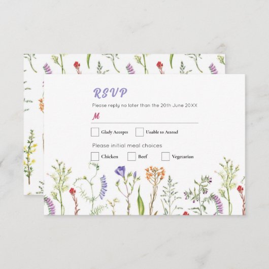 RSVPの結婚ワイルドフラワーフローラDitsy 招待状 (正面/裏面)