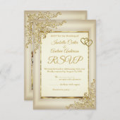 RSVPの結婚ヴィンテージクリームベージュ金ゴールドハートパール 出欠カード (正面/裏面)
