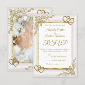 RSVPの結婚ヴィンテージクリームホワイト金ゴールドハート 出欠カード (正面/裏面)