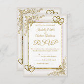 RSVPの結婚ヴィンテージクリームホワイト金ゴールドハート 出欠カード (正面/裏面)