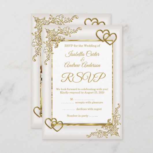 RSVPの結婚ヴィンテージクリームホワイト金ゴールドハート 出欠カード (正面/裏面)