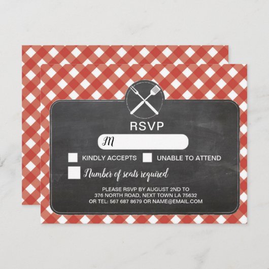 RSVPの結婚式の招待状の赤いギンガムBBQのチョーク 出欠カード (正面/裏面)