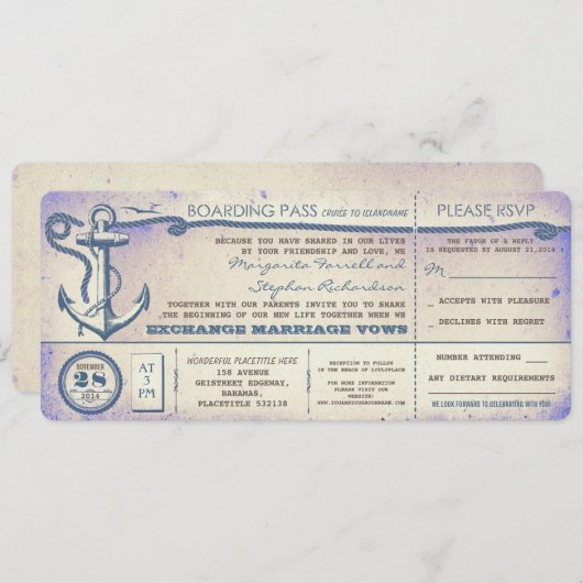 RSVPの結婚式の搭乗のパスヴィンテージのチケット 招待状 (正面/裏面)