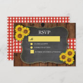 RSVPの結婚式の木製の素朴で赤い点検のヒマワリ 出欠カード (正面/裏面)