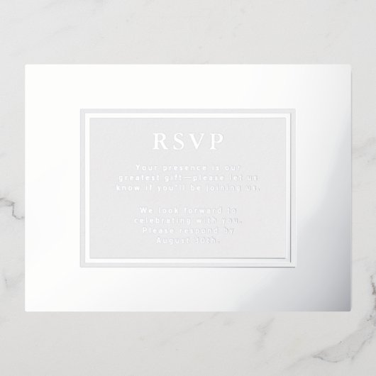 RSVPの結婚応答カードモダンシルバーラグジュアリー 箔シーズンポストカード (正面)
