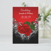 RSVPの結婚白黒シルバー深いレッドローズ 出欠カード (スタンド正面)