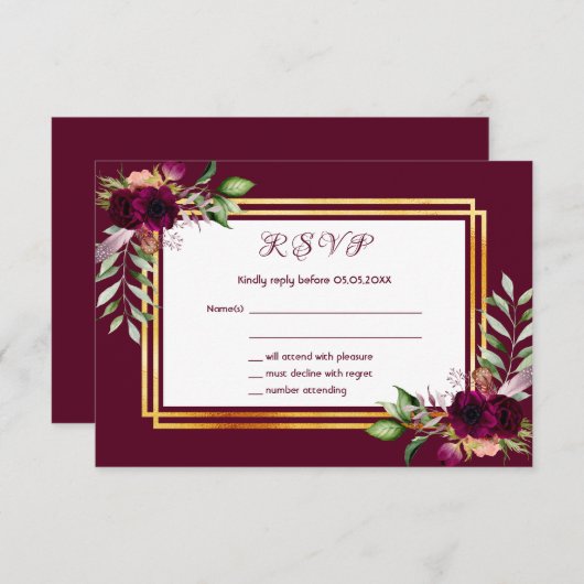RSVPの結婚花模様burgundy boho 出欠カード (正面/裏面)
