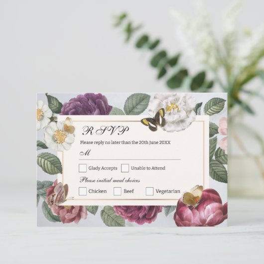 RSVPの結婚開花フローラフラワーバタフライヴィンテージ 招待状 (スタンド正面)