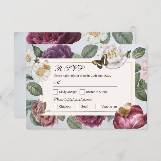 RSVPの結婚開花フローラフラワーバタフライヴィンテージ 招待状 (正面/裏面)