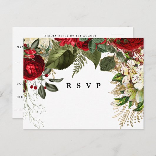 rsvpの郵便はがきを結婚する冬のクリスマスの花模様 インビテーションポストカード (正面/裏面)