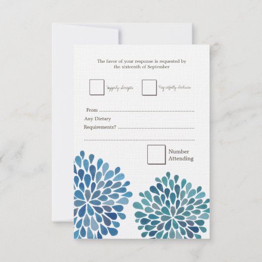 RSVPの青い花柄の開花の結婚式の招待状 出欠カード (裏面)