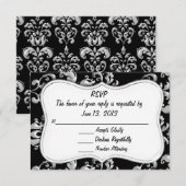 RSVPの黒く、銀製のダマスク織 出欠カード (正面/裏面)