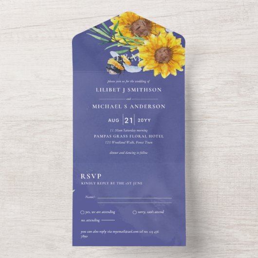 RSVPひまわりハチと素朴の結婚式の招待 オールインワン招待状 (内側)