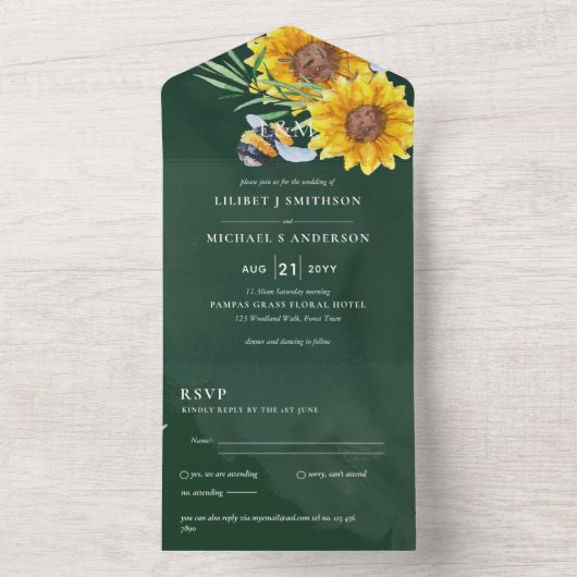 RSVPひまわりハチと素朴の結婚式の招待 オールインワン招待状 (内側)