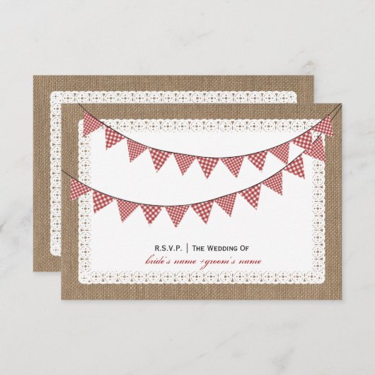RSVPをバントするバーラップの刺激を受けたで赤いギンガム 出欠カード (正面/裏面)