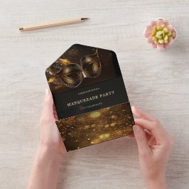 RSVPを使エレガント用した黒と金ゴールドのマスカレード オールインワン招待状