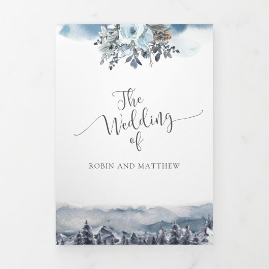 RSVPを使用した山結婚、フォレストの宛先 三つ折り招待状 (カバー)