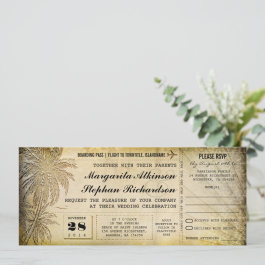 RSVPを使用した目的地の結婚式チケット 招待状 (スタンド正面)