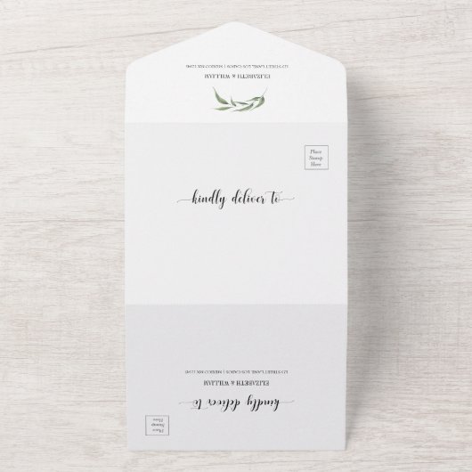 RSVPを使用した離れGreeneryのジオメト結婚リックフレーム オールインワン招待状 (外側)