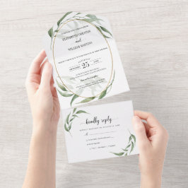 RSVPを使用した離れGreeneryのジオメト結婚リックフレーム オールインワン招待状