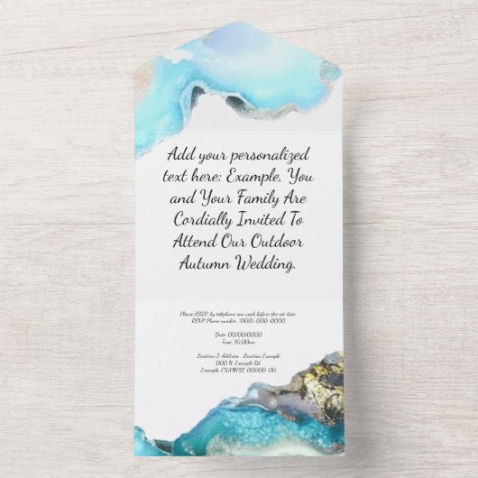 RSVPを使用した青と金ゴールドのGeode結婚式招待状 オールインワン招待状 (内側)