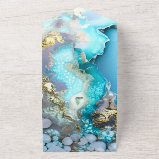 RSVPを使用した青と金ゴールドのGeode結婚式招待状 オールインワン招待状 (外側)