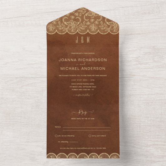 RSVPを使用し素朴て全て一つの金ゴールド結婚レース オールインワン招待状 (内側)