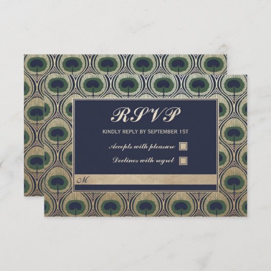 RSVPを結婚しているアールヌーボーの孔雀は金ゴールドホイルを梳きます 出欠カード (正面/裏面)