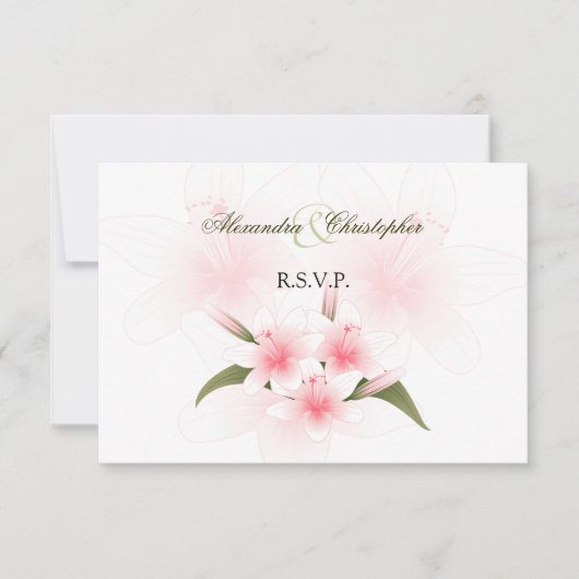 RSVPを結婚しているピンク及び白いユリ 出欠カード (正面)