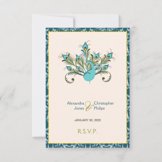 RSVPを結婚している孔雀はダマスク織に羽をつけます 出欠カード (正面)