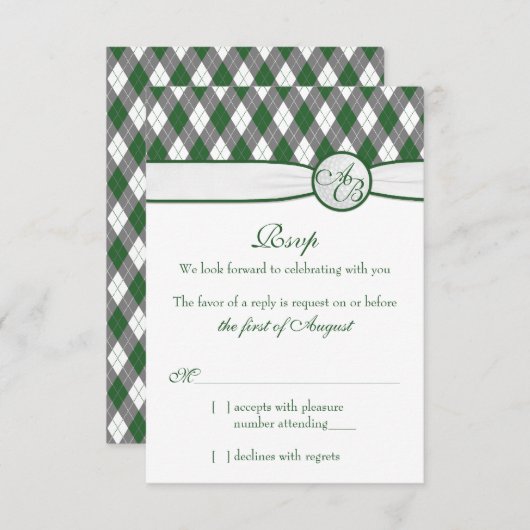 RSVPを結婚するアーガイル柄のなゴルフボールのゴルフ緑のモノグラム 出欠カード (正面/裏面)