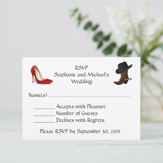 RSVPを結婚するカウボーイ・ブーツのハイヒールの靴 出欠カード (スタンド正面)