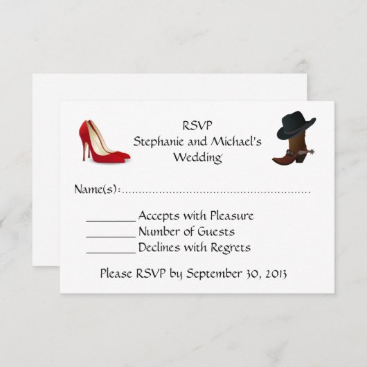 RSVPを結婚するカウボーイ・ブーツのハイヒールの靴 出欠カード (正面/裏面)