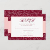 RSVPを結婚するバーガンディおよび赤面のピンクのダマスク織の渦巻 出欠カード (正面/裏面)