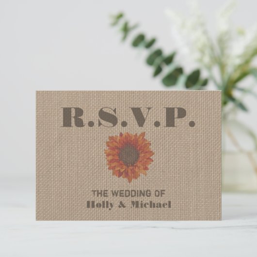 RSVPを結婚するバーラップの刺激を受けたなオレンジヒマワリ 出欠カード (スタンド正面)