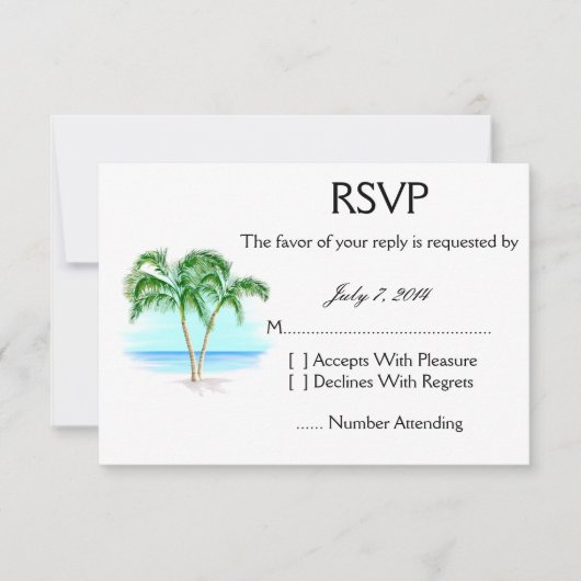 RSVPを結婚するビーチおよびヤシの木 出欠カード (正面)